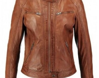 Handgemaakte designer bruine lamsleren jas dames | Dames slim fit motorfiets gewaxt bruin echt leren bikerjack