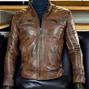 Fait main - Blouson moto motard marron vintage pour homme en cuir véritable café racer | Blouson motard moto vintage marron Dimond Classic pour hommes
