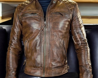 Handgemaakt bruin vintage biker motorfiets echt leren cafe racer jack heren | Bruin Dimond Classic-motorfietsjack heren