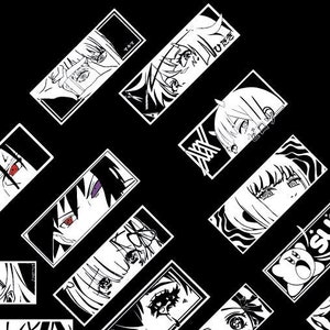 Peut inclure: Ensemble d'autocollants noirs et blancs de style anime. Chaque autocollant présente des visages de personnages détaillés, mettant l'accent sur les yeux et les expressions. Certains autocollants incluent du texte japonais et la phrase "Suck It".