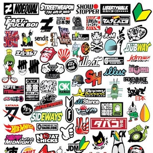 May include: A collection of colorful stickers featuring Japanese and English text, car-related imagery, and popular culture references. The stickers include phrases like "Speed Hunters", "Drift King", "JDM", and "No Fat Chicks".