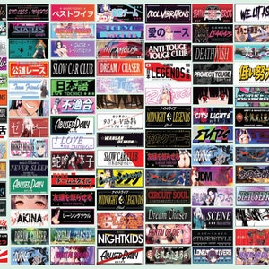 May include: A collection of colourful stickers with various designs and text, including Japanese characters, English words, and phrases. The stickers feature a variety of themes, such as cars, anime, and music.