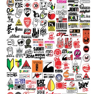 May include: A collection of colorful stickers featuring Japanese car culture themes, including JDM, drift, and anime. The stickers feature various designs, including text, logos, and illustrations. The stickers are perfect for decorating laptops, water bottles, and other personal items.