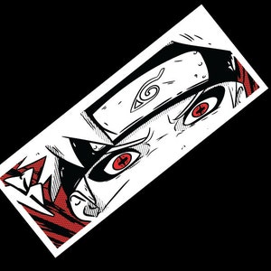 May include: Black and white illustration of a character with red eyes and a headband featuring a swirl design. The character's eyes are the main focus of the image.