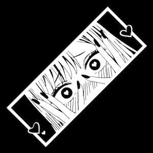 Könnte beinhalten: Schwarzweiß-Illustration eines Frauen Gesichts mit ihren Händen, die ihre Augen bedecken. Die Augen der Frau sind weit geöffnet und haben Herzen in den Pupillen. Das Bild ist in einem rechteckigen Rahmen mit Herzen in den Ecken.