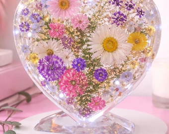 Resin Flower Heart with Fairy Lights – Handmade Floral Heart Home Decor