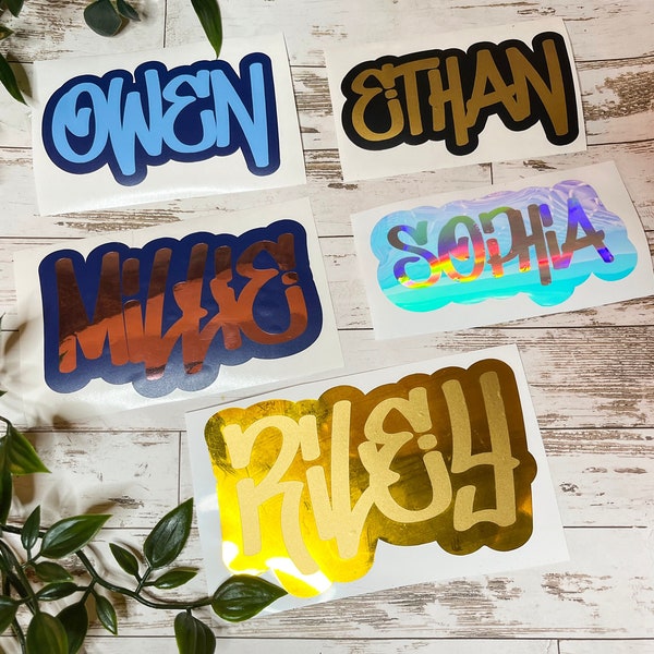 Autocollant nominatif Graffiti personnalisé en vinyle pour ordinateur portable | Nom street art pour tasse | autocollant bouteille d'eau | Stickers pour sac de fête | Stickers muraux