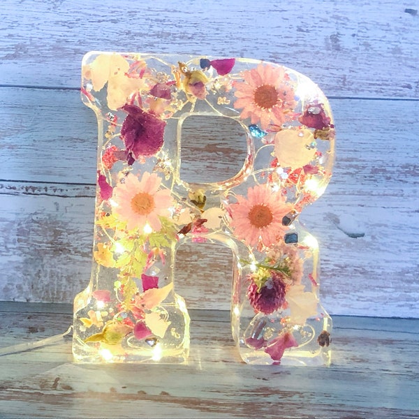 Lettere in resina con fiori pressati / Lettere luminose indipendenti per scaffali / Regalo di compleanno fatto a mano / Grandi lettere personalizzate A-Z da 6"