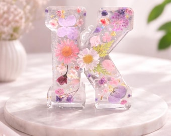 Resin Flower Filled Letters – Handmade Floral Initial Home Decor for Desk, Shelf, Weddings or Nursery- A-Z Avalible in 4 Inchs or 6 Inchs