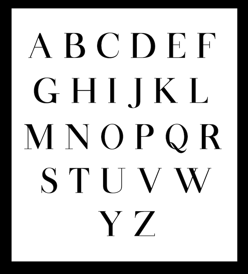 K&ouml;nnte beinhalten: Schwarzwei&szlig;bild des Alphabets in einer einfachen, serifenlosen Schrift.
