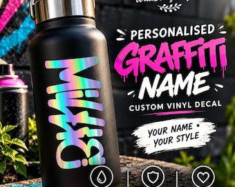 May include: A matte black water bottle featuring a vertical holographic graffiti-style name decal. The text reads WildBerryCraftsCo, PERSONALISED GRAFFITI NAME, CUSTOM VINYL DECAL, YOUR NAME YOUR STYLE, WATERPROOF, DURABLE, and MADE TO ORDER.
