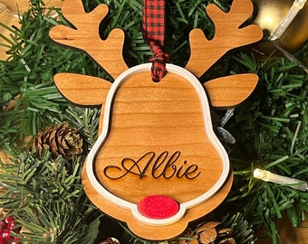 Personalized Reindeer Christmas Tree Ornament - Engraved Family Name Ornament