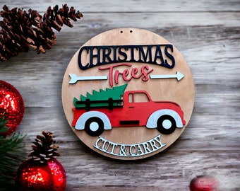 Weihnachtsbaum & Roter LKW Rundes Holzschild / Handgemachtes Weihnachtsdekorationsschild für die Veranda oder Wand