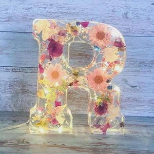 Letras de resina com flores prensadas / Luminária de letras iluminada independente para prateleira / Presente de aniversário feito à mão / Letras grandes personalizadas de A a Z de 6"