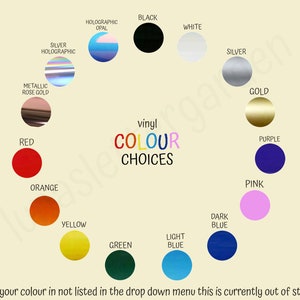 K&ouml;nnte beinhalten: Eine Farbkarte mit verf&uuml;gbaren Vinylfarben zum Kauf. Die Farben umfassen Schwarz, Wei&szlig;, Silber, Gold, Rot, Orange, Gelb, Gr&uuml;n, Hellblau, Dunkelblau, Lila und Pink. Der Text "vinyl COLOUR CHOICES" befindet sich in der Mitte der Karte.