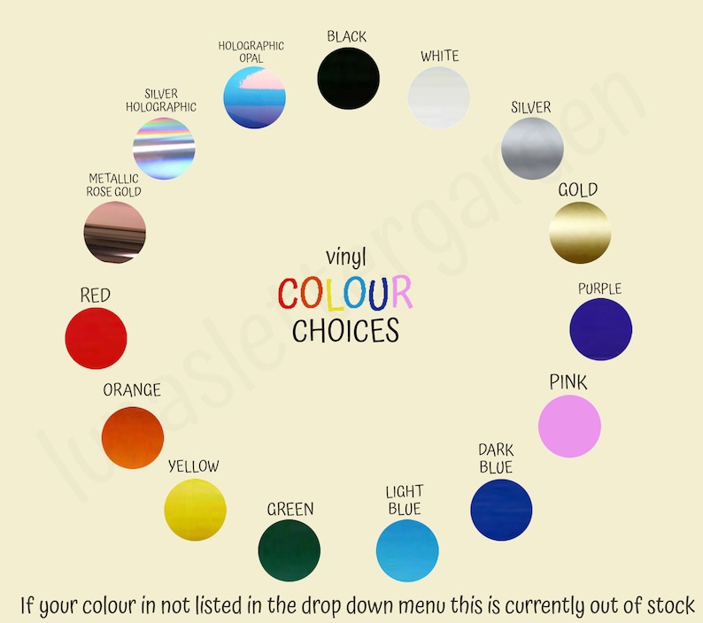 K&ouml;nnte beinhalten: Eine Farbkarte mit verf&uuml;gbaren Vinylfarben zum Kauf. Die Farben umfassen Schwarz, Wei&szlig;, Silber, Gold, Rot, Orange, Gelb, Gr&uuml;n, Hellblau, Dunkelblau, Lila und Pink. Der Text "vinyl COLOUR CHOICES" befindet sich in der Mitte der Karte.