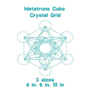 May include: A teal Metatrons Cube Crystal Grid design on a white background. The design includes interconnected geometric shapes and circles. Text at the top reads "Metatrons Cube Crystal Grid". The image also lists three sizes: 4 in., 6 in., and 12 in.