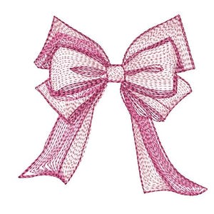 Könnte beinhalten: Eine digital gerenderte, rosa Schleife mit zartem, gesticktem Aussehen. Die Schleife hat mehrere Lagen und lange, fließende Bänder, vor einem sauberen, weißen Hintergrund. Das Design ist detailliert, mit sichtbaren Stichmustern.