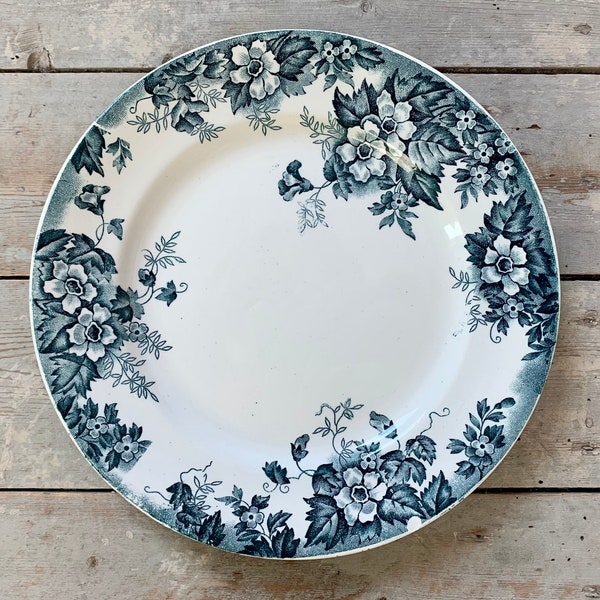 1900s ~ Ironstone Terre de fer Dessert Plate ~ French Antique Made in France by St Amand ~ Model "MARIE-LOUISE" ~ Blue floral pattern
