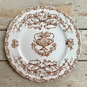 1890s ~ Rare Ironstone Terre de fer Plate ~ French Antique Made in France by Hautin Boulenger ~ Model Louis XVI ~ Decor of Roses and Ribbons