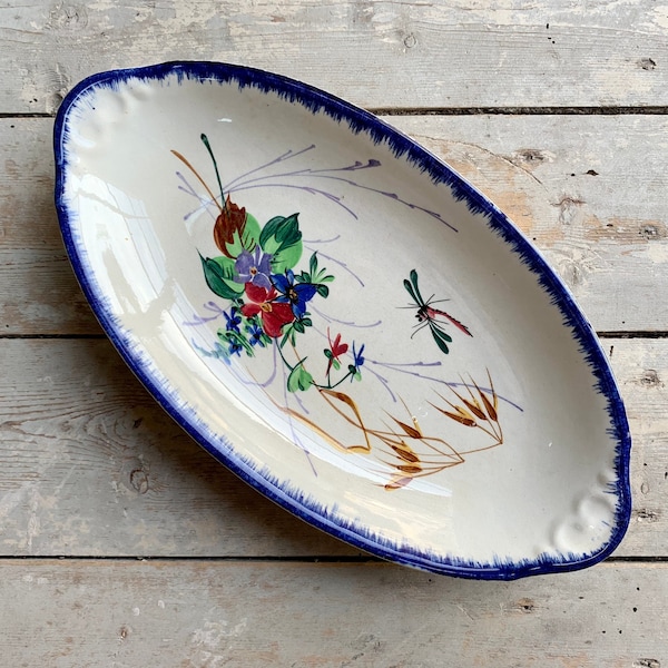 1900s ~ Ironstone Terre de fer Small Serving Dish ~ French Antique Made in France Hautin Boulanger ~ Polychrome floral decor with dragonfly