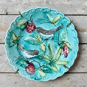 1900s ~ Decorative French Antique Plate in Barbotine Majolica ~ Made in France ~ Polychrome Birds and Strawberries Decor with Wall Hanging