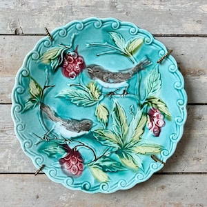 1900s ~ Decorative French Antique Plate in Barbotine Majolica ~ Made in France ~ Polychrome Birds and Strawberries Decor with Wall Hanging