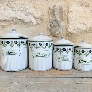 1920s ~ Set of 4 French Antique Stackable Enamel Canisters Kitchen Boxes ~ Made in France by "BB BROTHERS Austria" ~ Country Kitchen Decor