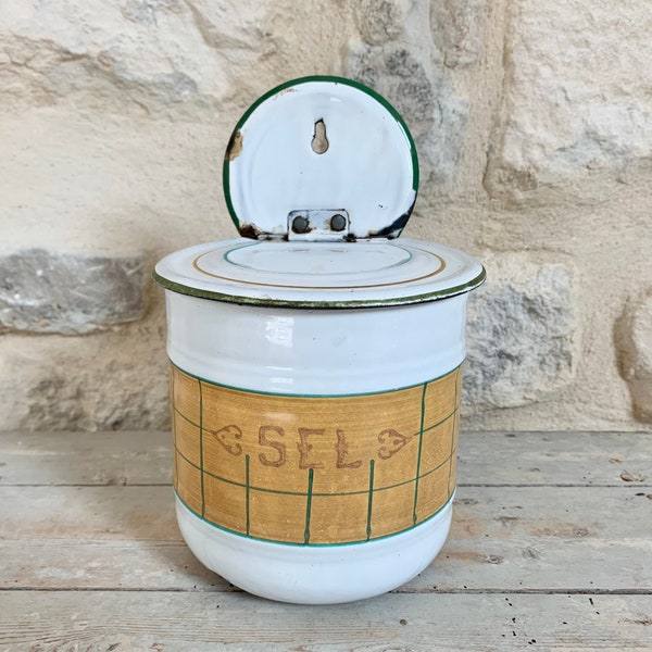 1950s ~ French Antique Enamel Salt Box  Canister Kitchen Boxe ~ Made in France ~ Country Kitchen Decor