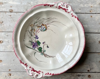 1890s ~ Ironstone Terre de fer Serving Dish  ~ French Antique Made by "SARREGUEMINES" ~ Model Papillon ~ Polychrome Flower & Butterfly decor