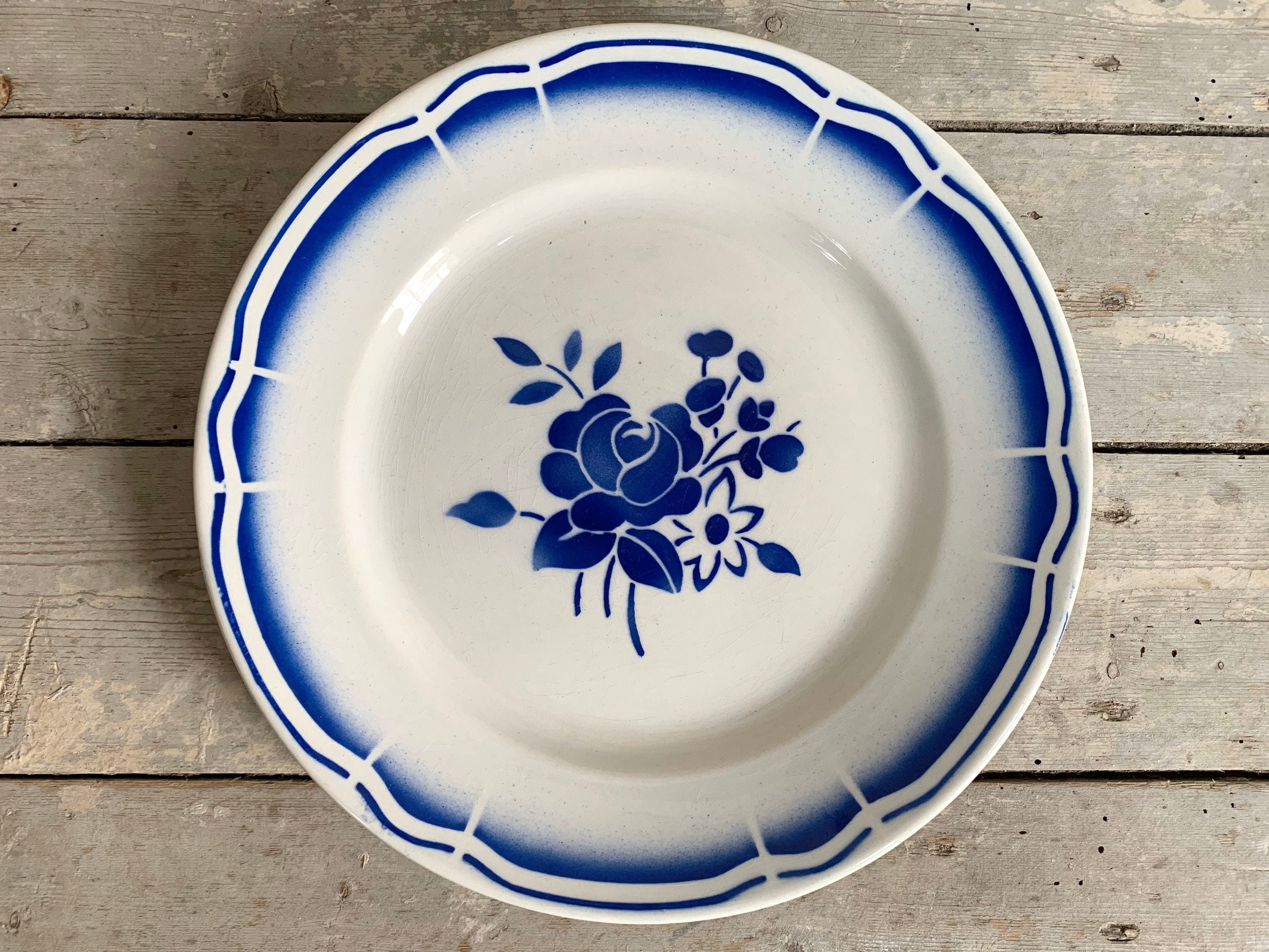 1930S ~ Dinner Plate Vintage Made in France By Babonviller Intense Blue Flower Pattern With Stencil