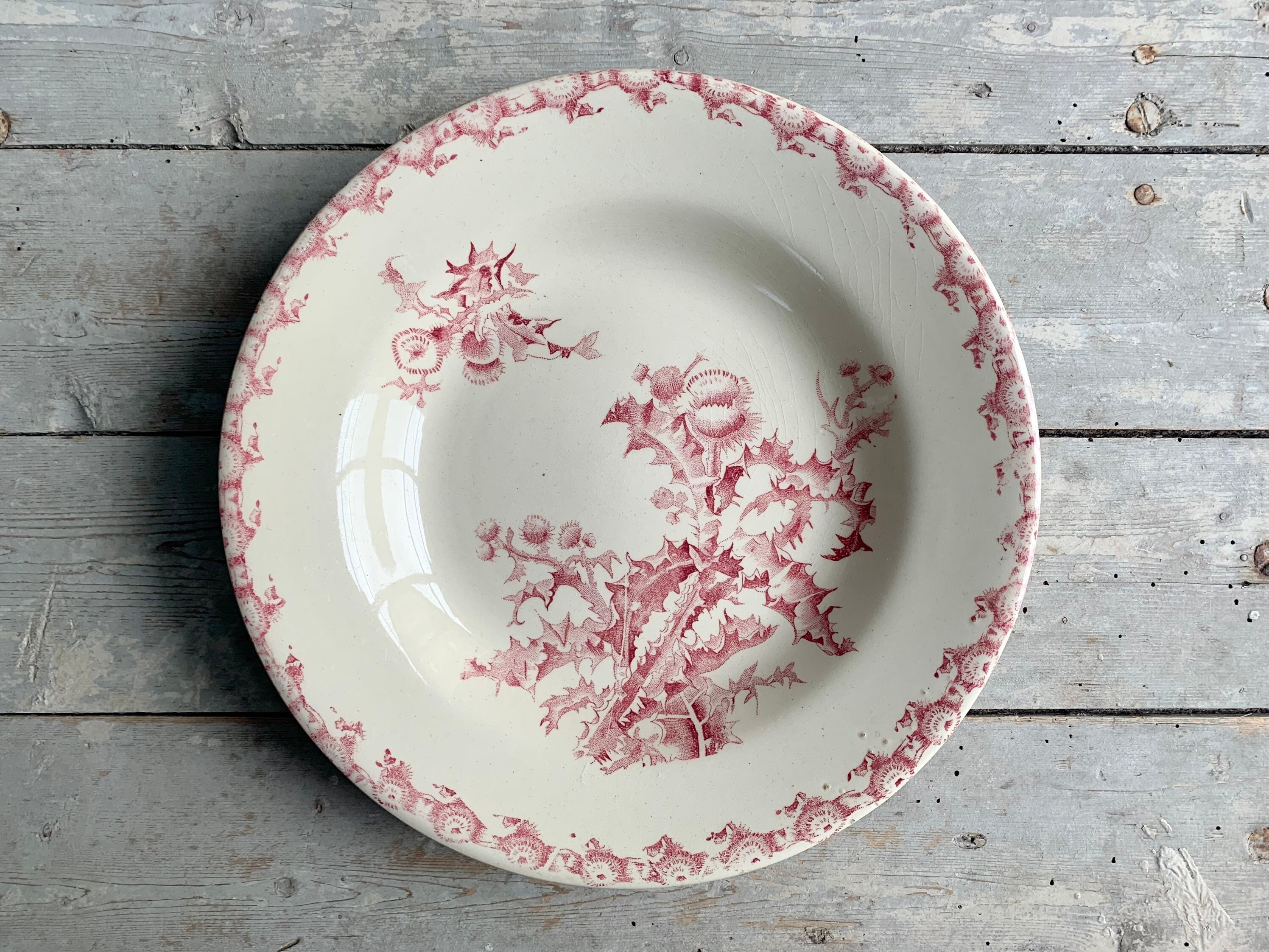 1880S ~ Ironstone Terre de Fer Soup Plates Transferware Pink French Antique Made in France By Gien -