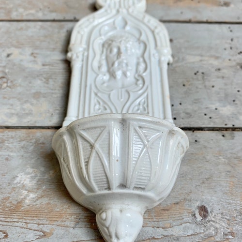 1900s ~ Earthenware French Antique Font Jesus Christ made shops in France by SARREGUEMINES