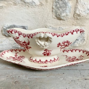 1900s ~ Ironstone Iron Earth Boat Sauce ~ French Antique Made by GIEN Porcelaine Opaque Gien ~ Model THISTLES ~ Pink Thistles Pattern