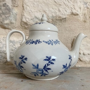 Può includere: Teiera in ceramica bianca con coperchio, con motivi floreali blu. La teiera ha un manico curvo e un beccuccio. Il design include rametti floreali blu e una fascia di motivi floreali sul bordo. Sfondo di muro di pietra.