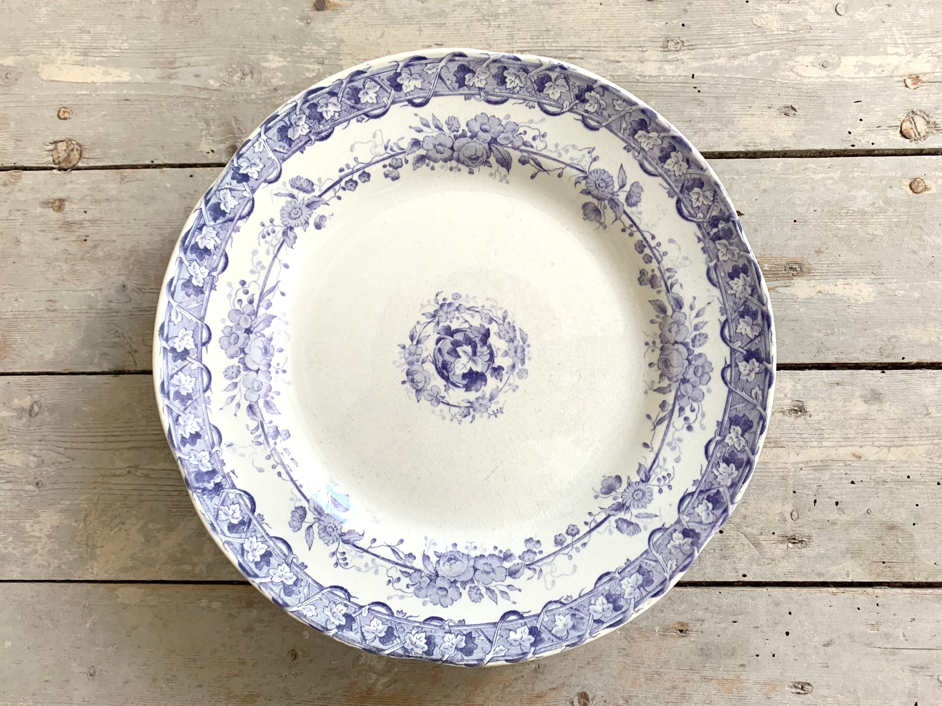 1850s ~ Ironstone Terre de fer Cake Stand, Footed Plate French Antique made by CREIL et MONTEREAU ~ Delicate Decor of Purple Roses
