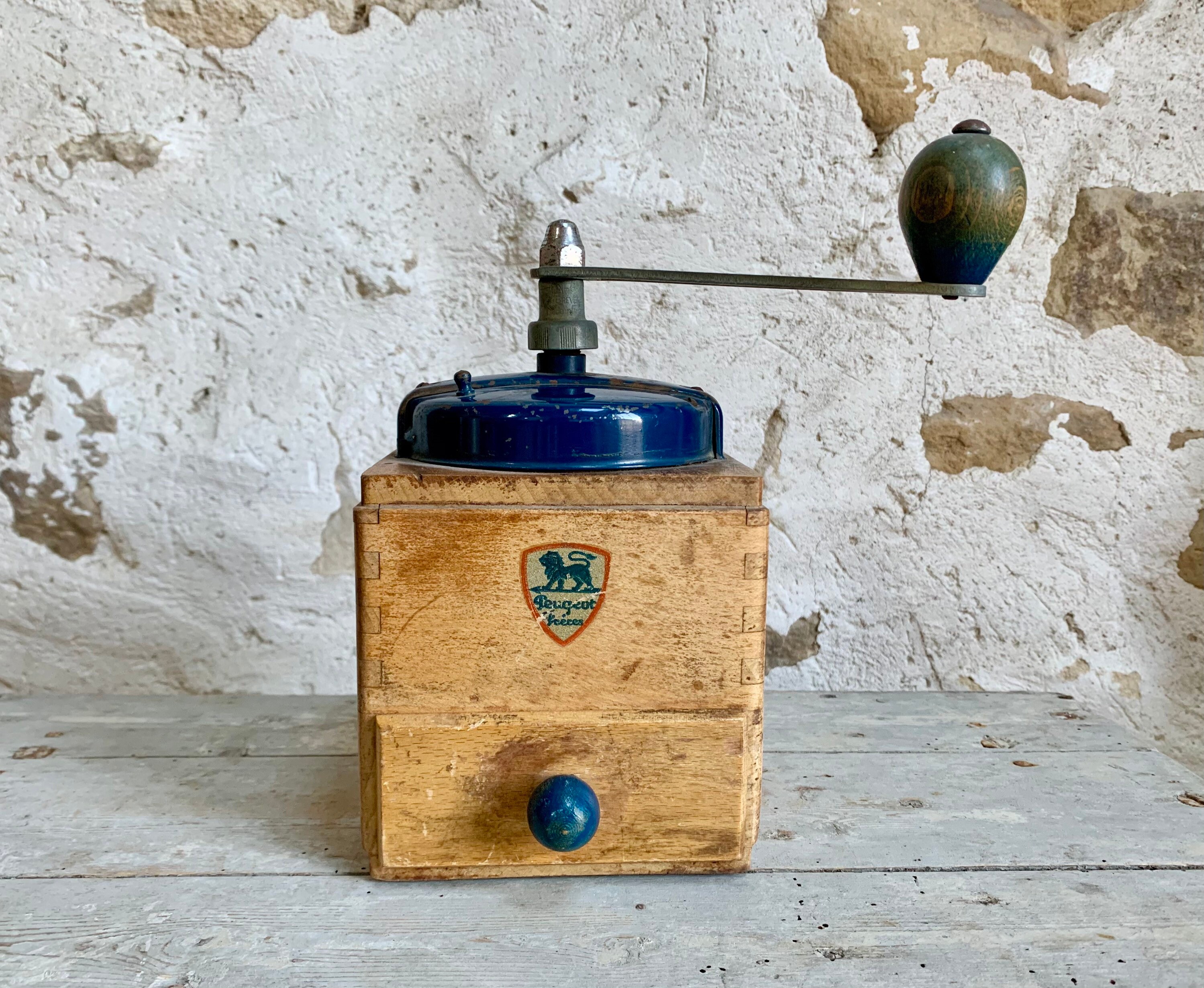 1950 ~ Authentic Français Peugeot Frères Coffee Grinder Made in France Wood & Blue Metal