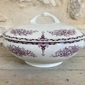 1923s ~ Ironstone Terre de fer Antique Tureen ~ French Antique Made by St Amand ~ Model "LYDIE" ~ Mauve Flower and fruit Decoration