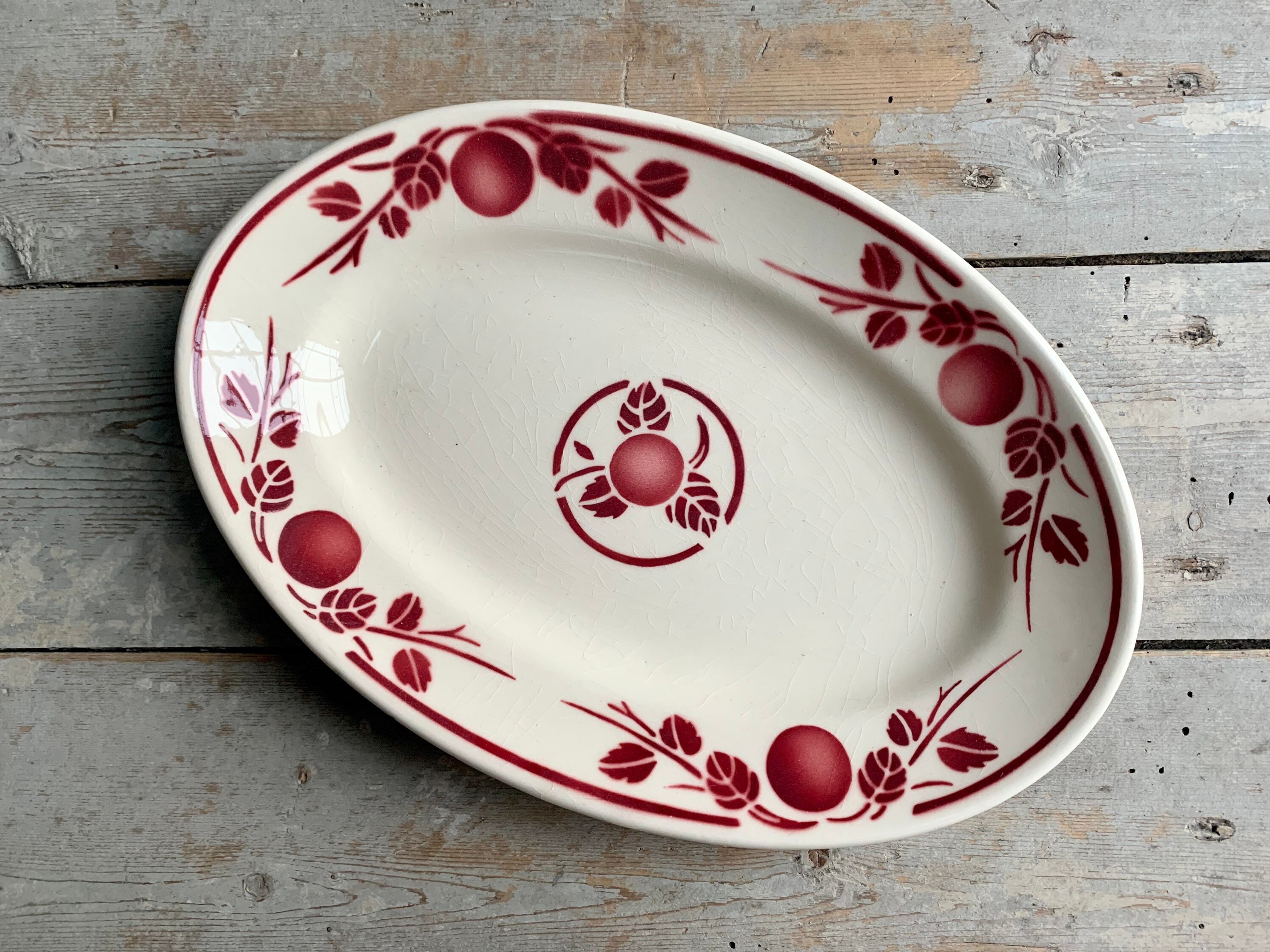 1950S ~ Oval Serving Dish French Antique Made in France By Badonviller Red Apple Decoration