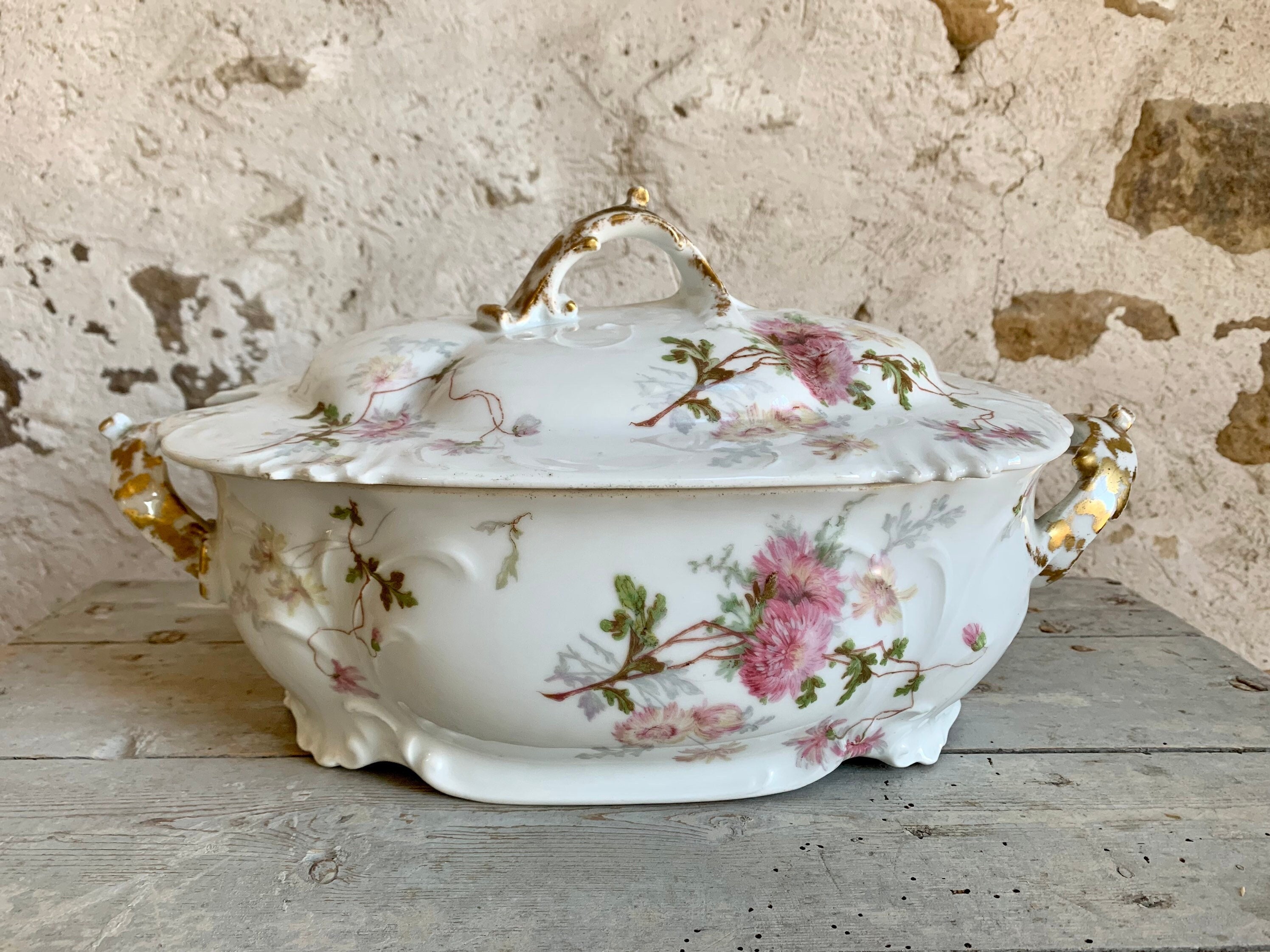 1900S ~ Porcelain Antique Tureen French Made in France By Vermont Blanchet Polychrome Floral Decor &
