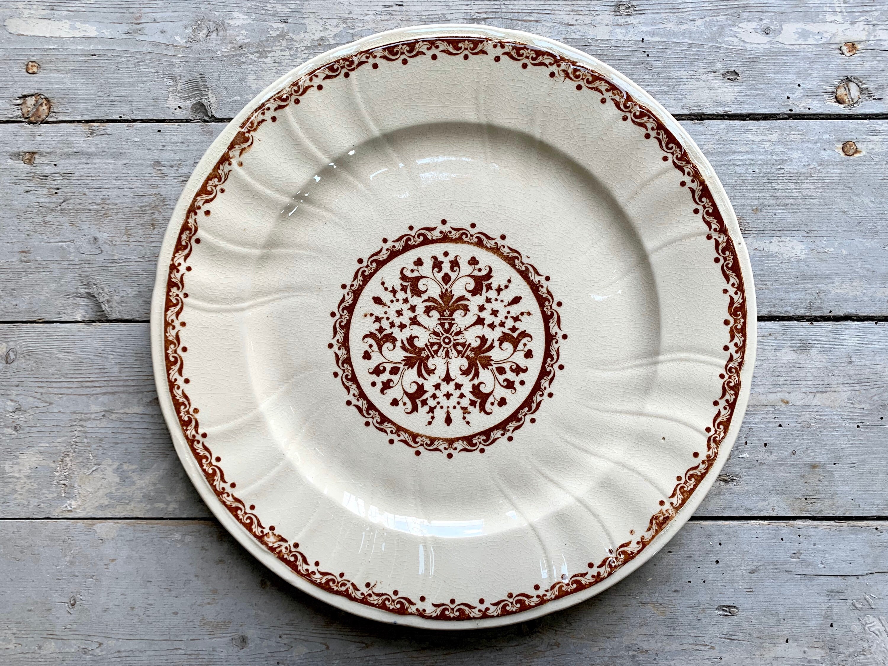 1850 ~ Ironstone Terre de Fer Rare Plate French Antique Made in France By Gien Brown Rocaille Style 