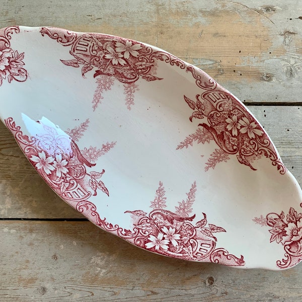 1900s ~ Ironstone Oval Serving Dish ~ French Antique Made by Onnaing ~ Model Sylvia ~ Bouquet of Pink Flowers