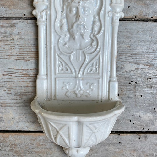 1900s ~ Earthenware French Antique Font Jesus Christ made shops in France by SARREGUEMINES