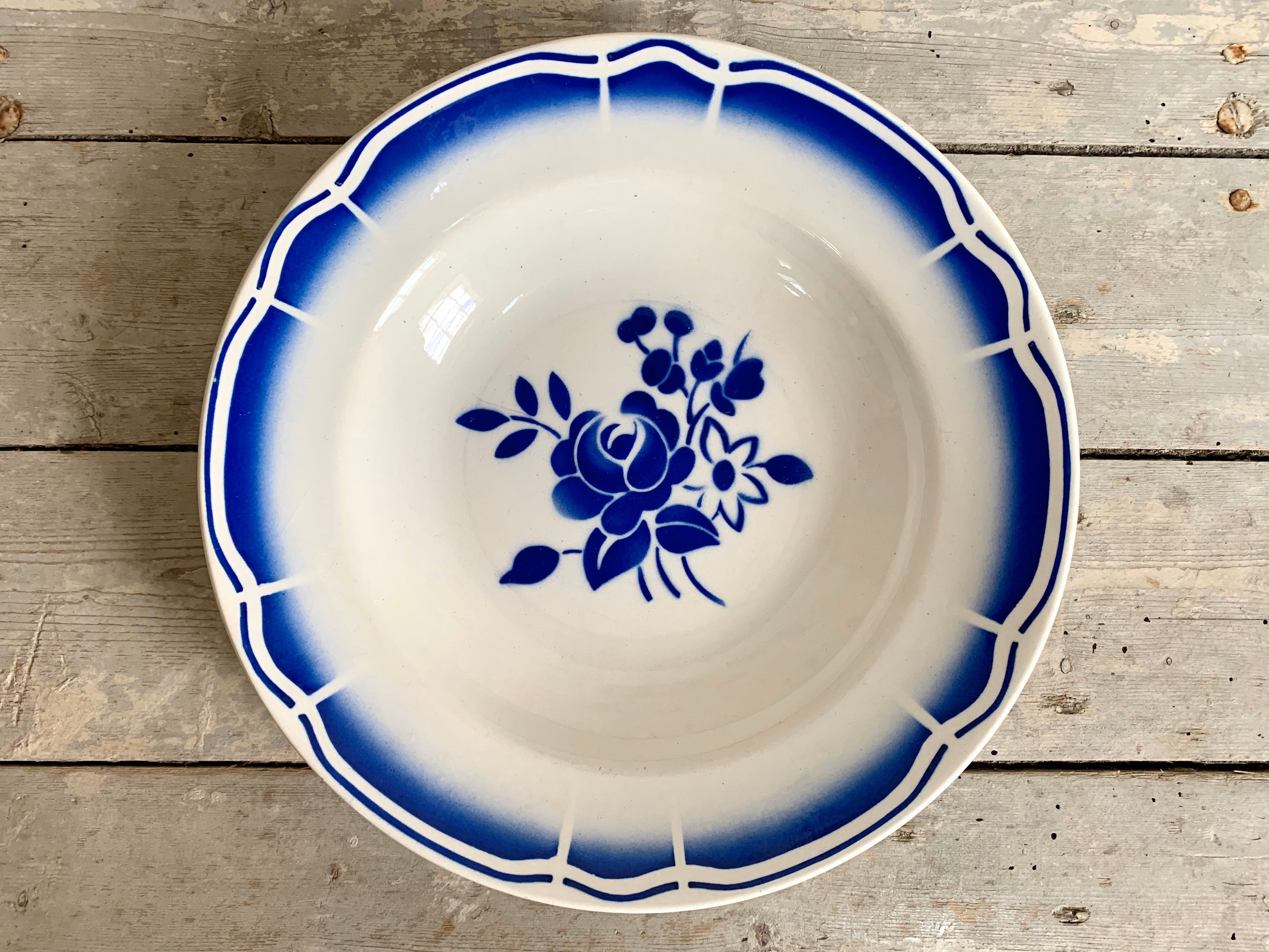 1930S ~ Soup Plate Vintage Made in France By Babonviller Intense Blue Flower Pattern With Stencil