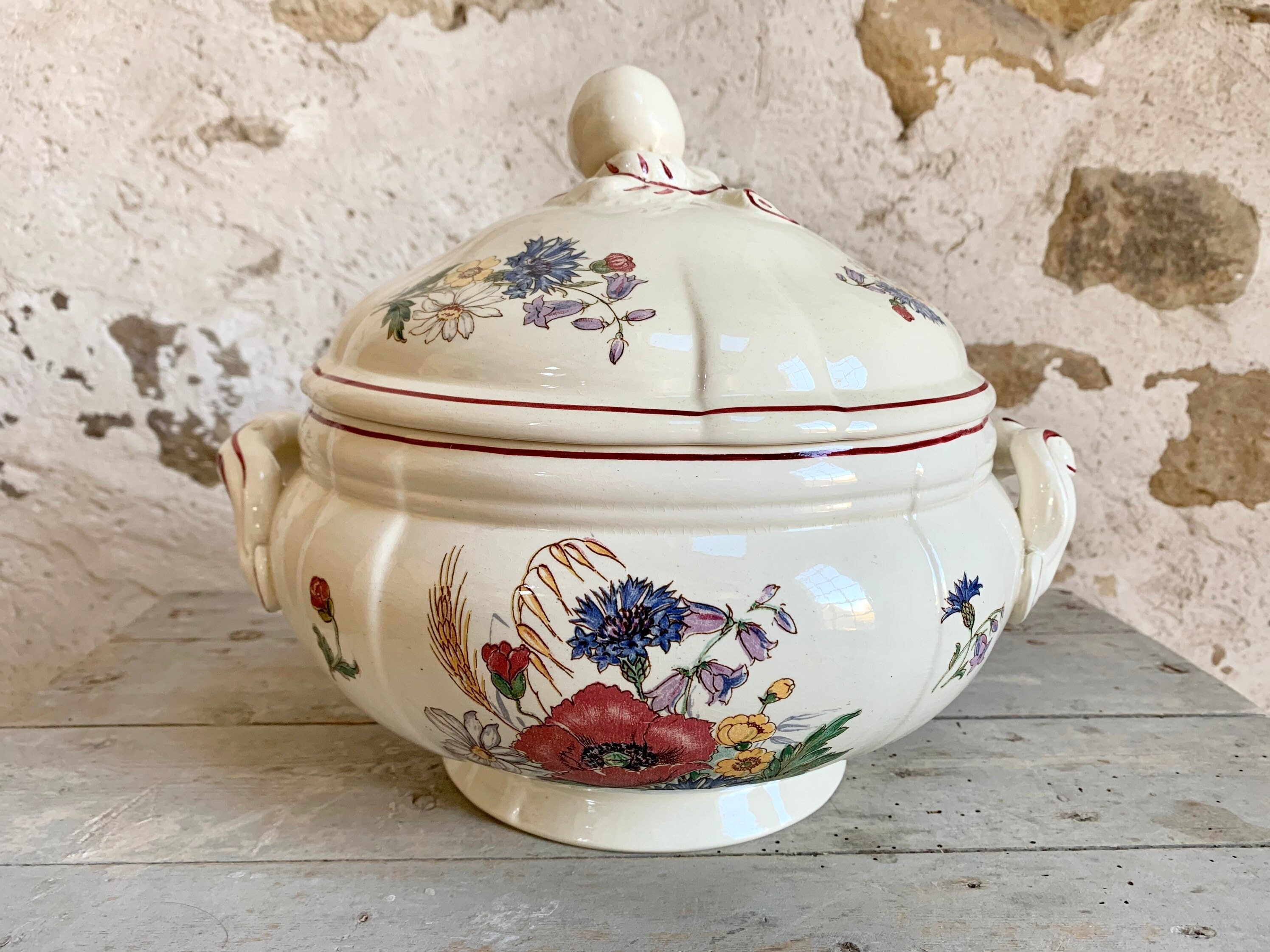 1920S ~ Ironstone Tureen French Antique Made in France By Sarreguemines Model Agreste Polychrome Dec