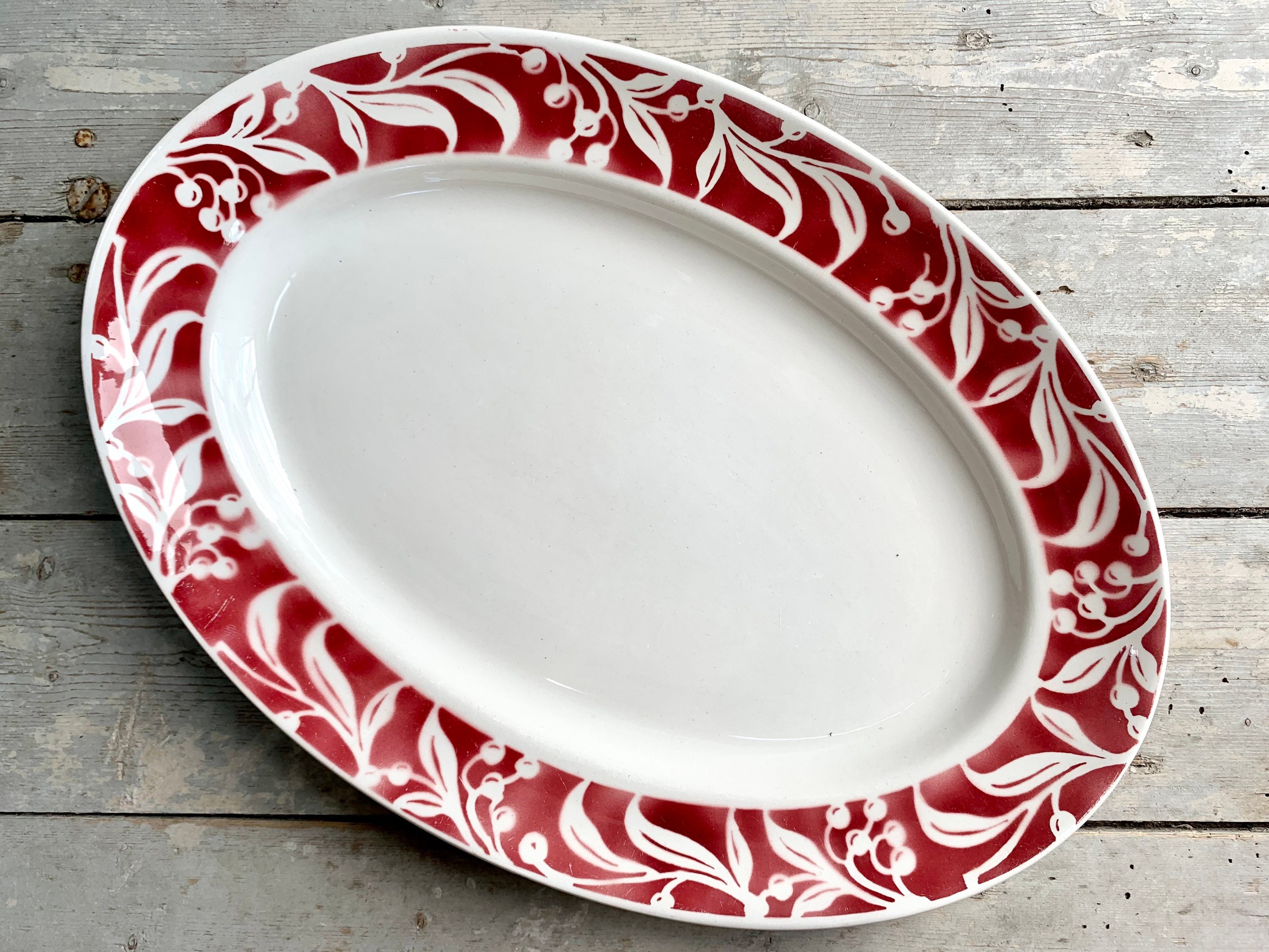 1900S ~ Oval Serving Dish French Antique Made By St Amand Ceranor Model Lucy Red & White Floral Desi