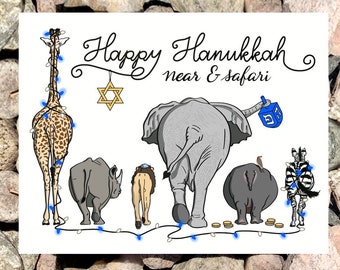 Happy Hanukkah, African Animal Greeting Card, Happy Holidays, Chanukkah card, Safari, Funny Animal Cards, Blank, Eco-Friendly