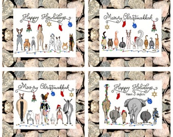 Merry Christmakkah, Happy Holidays, Funny Animal Cards, Assorted Pack, Dogs, Cats, Farm Animals, African Animals, Blank, Eco-Friendly