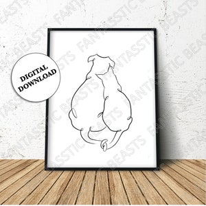Minimalist Dog and Cat Line Art, Original Print, Wall Art, Gift, Digital Print Download, Digital Art
