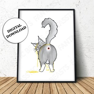 May include: A gray cat with a yellow substance dripping from its rear end. The cat is looking to the left of the image. The cat is drawn in a cartoon style.